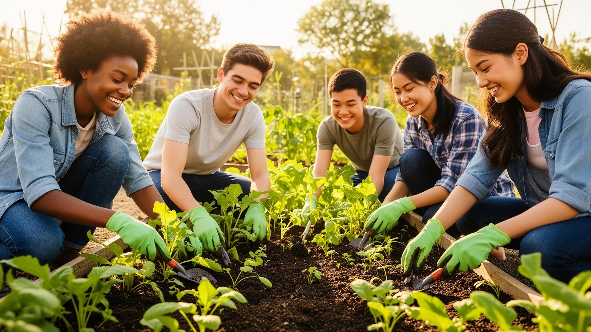 Young volunteers working together in a community garden